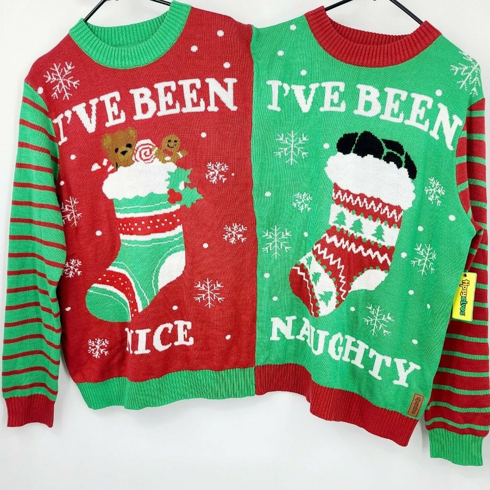 NWT Tipsy Elves Siamese Twin Two-Person Ugly Christmas Sweater Naughty & Nice L - Picture 8 of 9